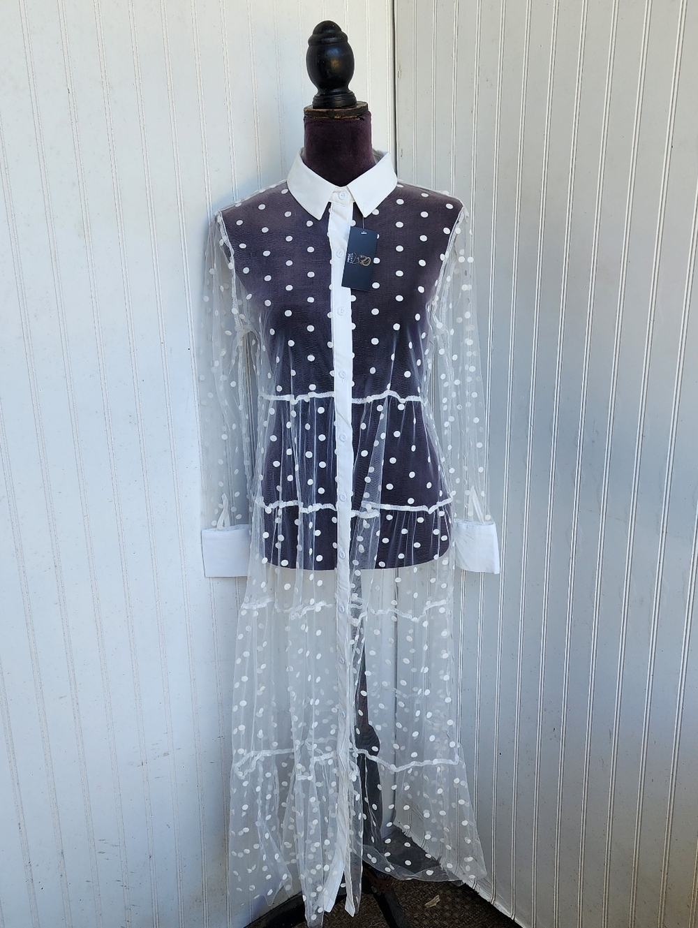 NWT Womens Spotted Design Lace Shirt Dress Cardigan White Sheer Long Sleeve L - Picture 5 of 16